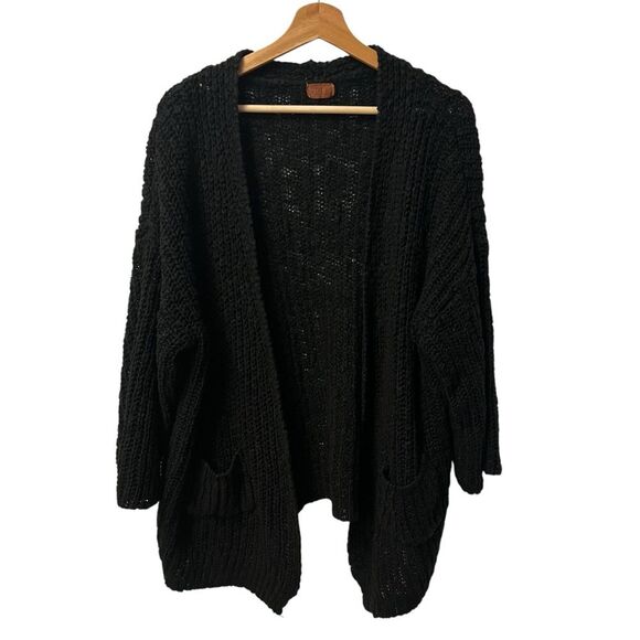 POL Black Chunky Knit Sweater Size M Patch Pockets Oversized Cozy Boho Relaxed - Picture 1 of 10